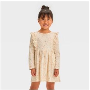 Cat and Jack Girls 2T Dress Long Sleeve Ruffle Star Gold Cream NEW